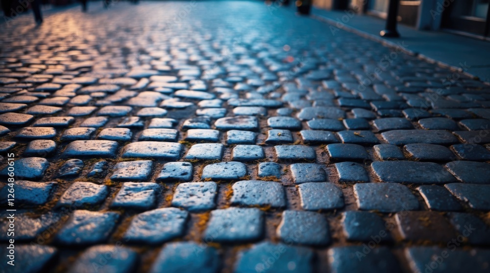 Poster cobblestone street texture with warm lighting during twilight showing detailed stone patterns and re