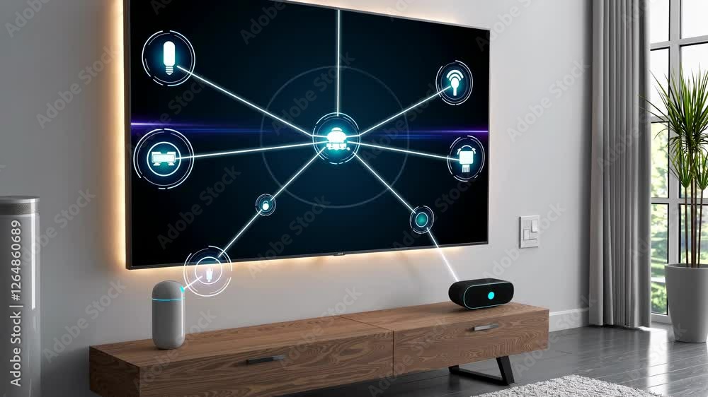 Poster smart home technology transforms living room connectivity with interactive devices and seamless inte
