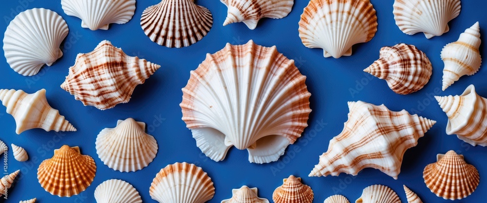 Aufkleber variety of colorful seashells arranged on a blue background with ample copy space for text insertion