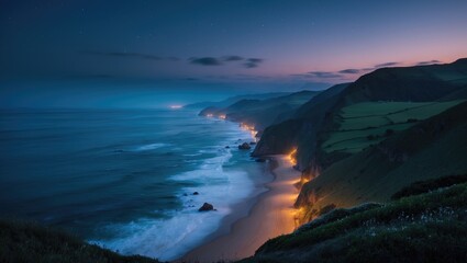 Coastal landscape at dusk with waves crashing on shore and illuminated beach houses along the coastline under a starry sky Copy Space