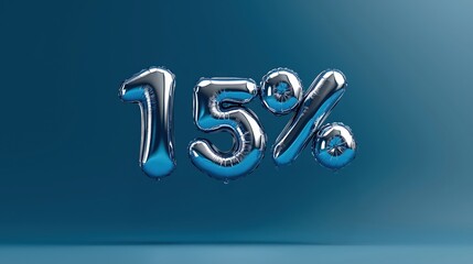 Metallic blue helium balloons displaying the number fifteen percent against a smooth blue background