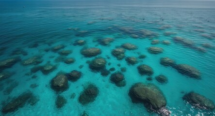Fototapeta premium Aerial view of clear turquoise waters with submerged rocks and stones in a tranquil ocean environment, Copy Space.