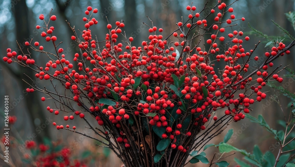 Poster red berries and green leaves arranged in a bouquet against a blurred forest background with copy spa