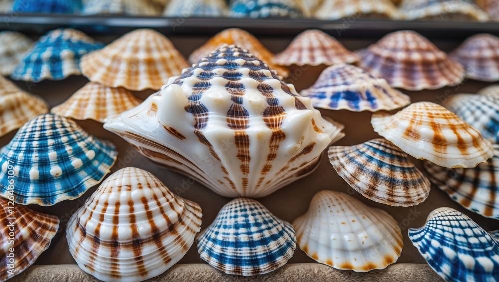 Poster colorful assorted seashells arranged on a surface showcasing various patterns and textures with a ce