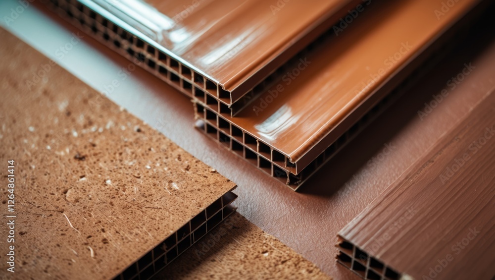 Poster close-up of wooden and composite material samples arranged on a surface showcasing texture and color