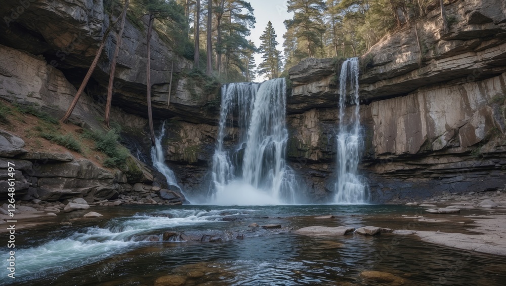 Poster waterfall cascading over rocky cliffs surrounded by tall trees and flowing river with clear water at