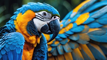 Fototapeta premium Colorful macaw parrot with vibrant blue and yellow plumage displaying intricate feather details in natural setting