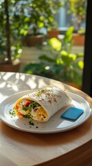 Delicious Breakfast Burrito on Plate with Natural Sunlight and Greenery Background Cafe Ambiance