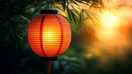 Obraz premium Illuminated paper lantern hanging outdoors at sunset, garden background, peaceful ambiance, decor
