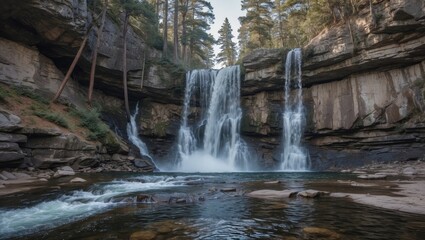 Obraz premium Waterfall cascading over rocky cliffs surrounded by tall trees and flowing river with clear water at the base Copy Space