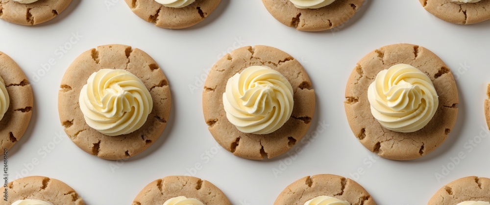 Poster cookies with swirled buttercream frosting arranged in a uniform pattern on a plain background copy s