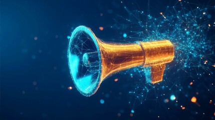 Digital Megaphone Communication Concept with Connected Network in Blue and Gold Tone Imagery