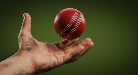 hand holding red cricket ball, A closeup of a red cricket ball caught in slow motion flying through the air about to be caught by a dirty hand, cricket banner, social media post, cricket concept