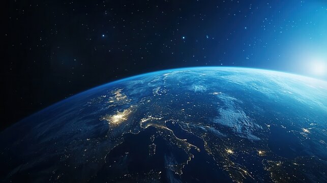 Aerial view of earth illuminated at night showcasing city lights and natural landscapes