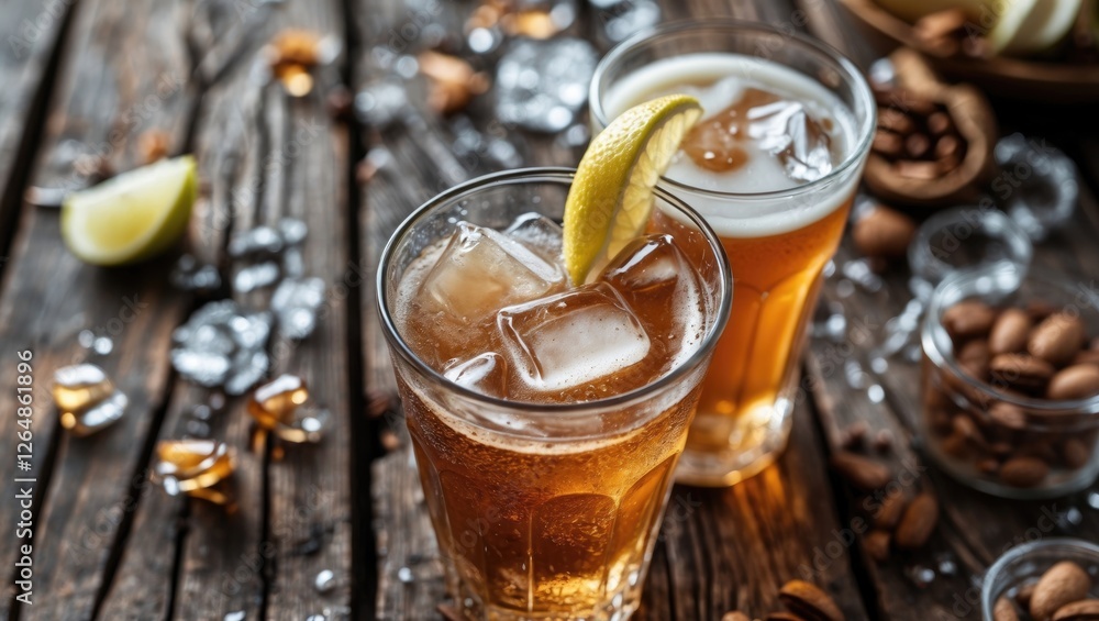 Poster refreshing beverages with ice and lemon slice on rustic wooden background with scattered almonds and
