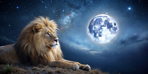 Fototapeta premium Majestic Lion Gazing at Full Moon Under Starry Night Sky