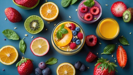 Fresh fruit and smoothie bowls with assorted berries citrus fruits and vibrant colors on blue background Copy Space