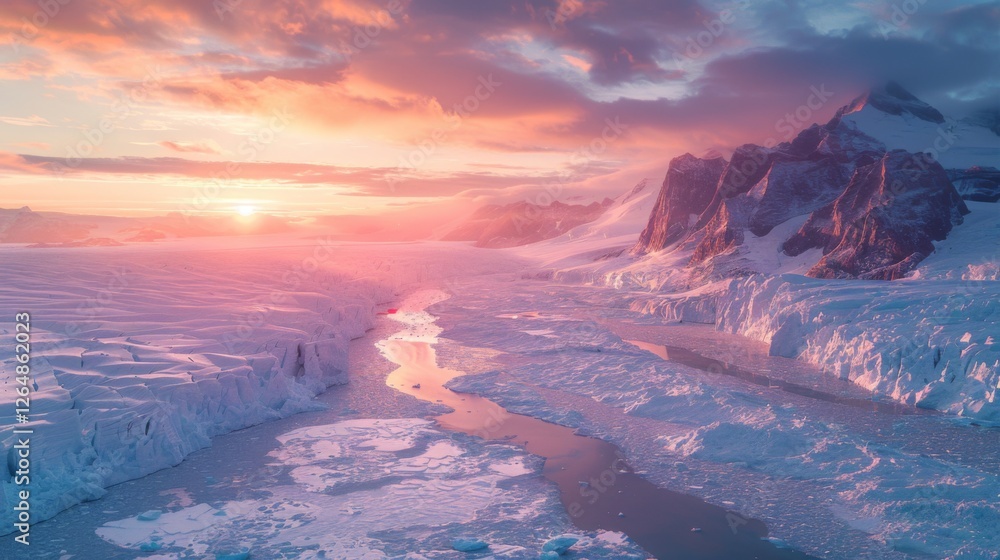 Aufkleber a stunning sunrise illuminates a vast glacier, casting vibrant colors on the icy surface and creatin