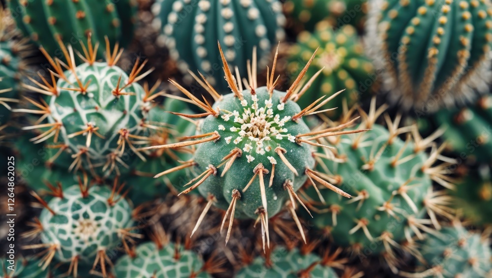 Poster close-up view of various cacti with sharp spines and green surfaces arranged densely nature backgrou