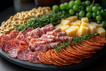 A beautifully arranged charcuterie board featuring meats, cheeses, and fresh grapes