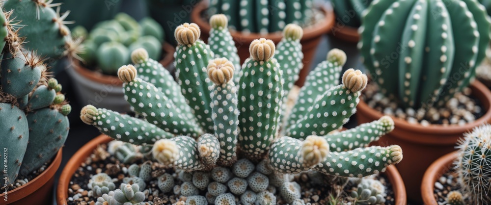Poster variety of cacti with interesting shapes and textures in terracotta pots on display in a greenhouse 