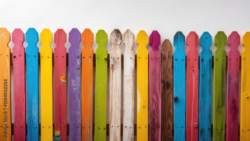 Poster colorful wooden fence with various bright hues and unique textures against a plain background ideal 