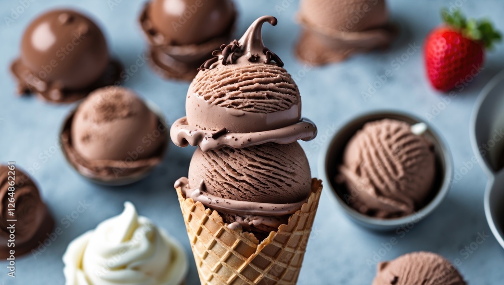 Poster chocolate ice cream cone with multiple scoops surrounded by chocolate ice cream balls and a strawber