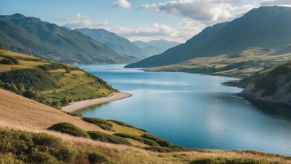 Obraz premium Scenic view of a tranquil lake surrounded by rolling hills and mountains under a cloudy sky with reflections on the water Copy Space