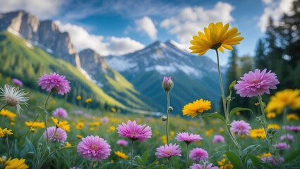 Obraz premium Colorful wildflower meadow with mountains and clouds in the background during daytime Copy Space