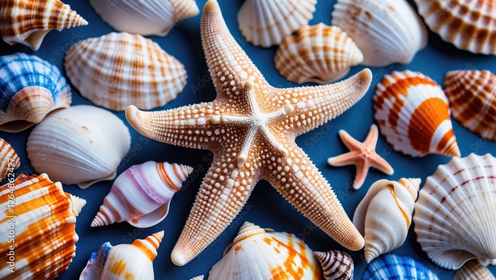 Poster starfish and assorted seashells on a textured surface with colorful patterns and natural textures, p