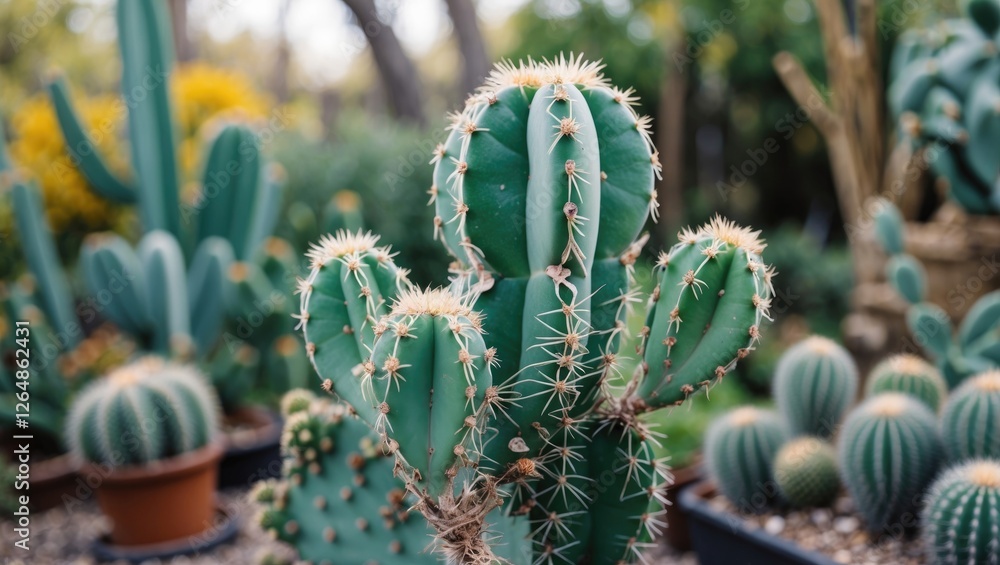 Poster cactus plants in a botanical garden with various species in the background showing spines and textur