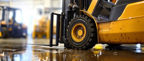 Fototapeta premium Forklift Hydraulic Fluid Leak on Warehouse Floor