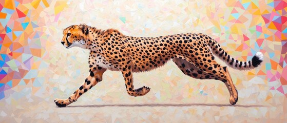 Running Cheetah Against Colorful Geometric Background