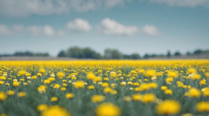 Obraz premium Vibrant yellow dandelion field under a clear blue sky with fluffy clouds and a distant green tree line Copy Space