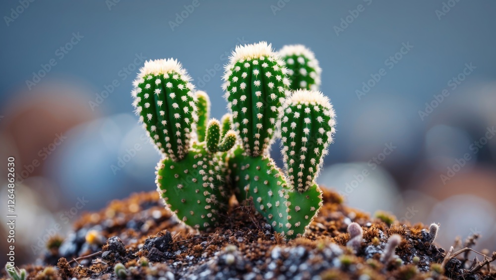 Poster cactus cluster with spines growing in soil with blurred background and additional greenery copy spac