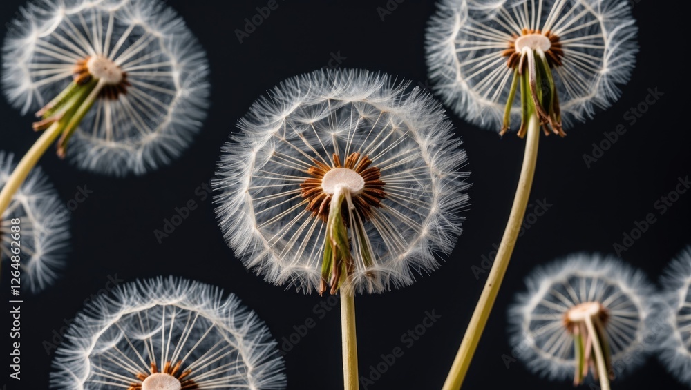 Poster close-up of multiple dandelion seed heads on a dark background with fine details and textures copy s
