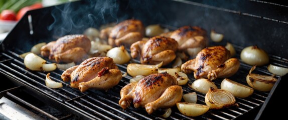 Grilled chicken and onions on barbecue grill with smoke rising copysapce for text placement