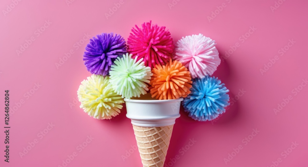 Aufkleber colorful pom pom decorations arranged in a cone on a pink background with copy space for text or des