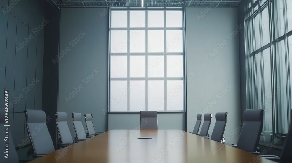 Poster this image showcases a modern conference room featuring a sleek wooden table and large windows that 