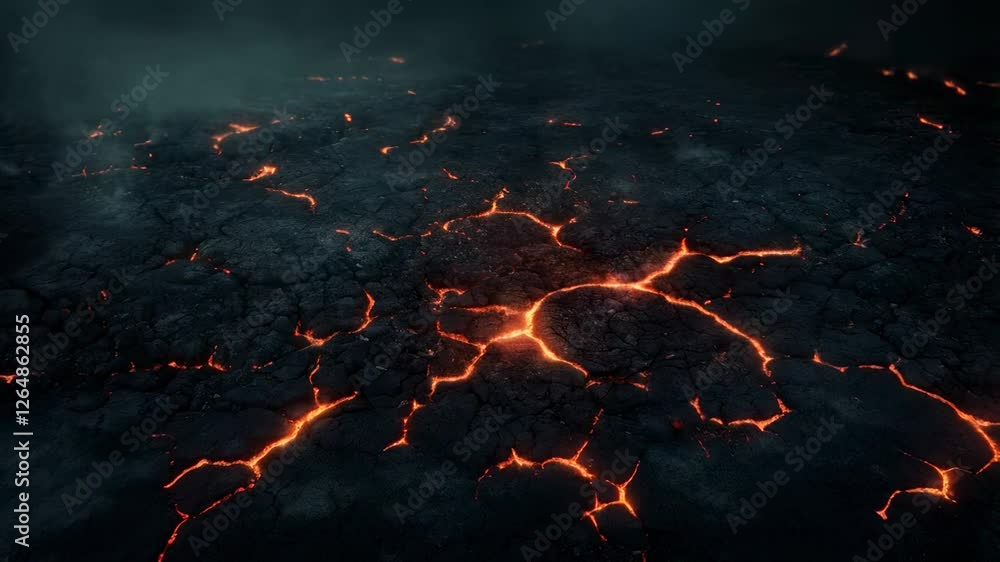 Poster orange lava is flowing from the cracks of a dark broken ground, smoke is coming out from the crevice