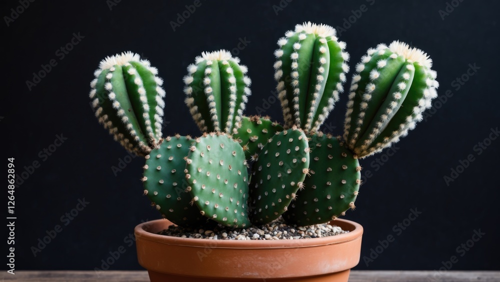 Poster group of cacti in flower pot with textured surface and dark background copy space