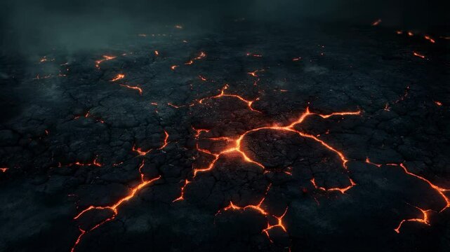 Orange lava is flowing from the cracks of a dark broken ground, smoke is coming out from the crevices, creating a dramatic and dangerous scene of an apocalyptic event
