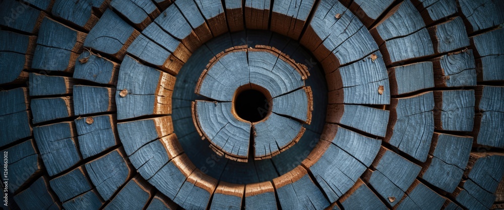 Poster cross section of a tree stump with concentric circular patterns and a central hole showcasing textur