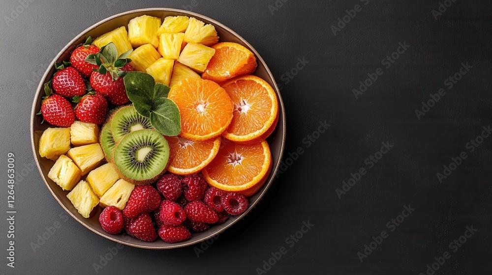 Poster vibrant and flavorful fruit platter with sliced kiwi oranges and berries arranged in a visually appe