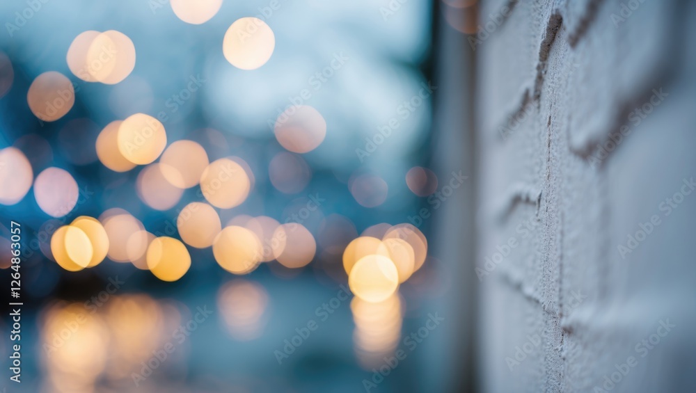 Poster abstract blurred background with warm bokeh lights and textured wall in foreground, suitable for var