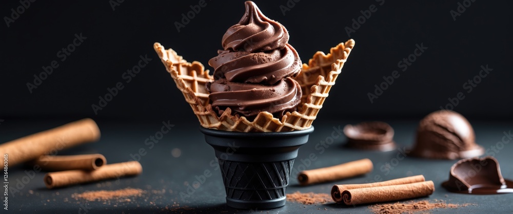 Poster chocolate soft serve ice cream in a waffle cone with cinnamon sticks and chocolate pieces on a dark 