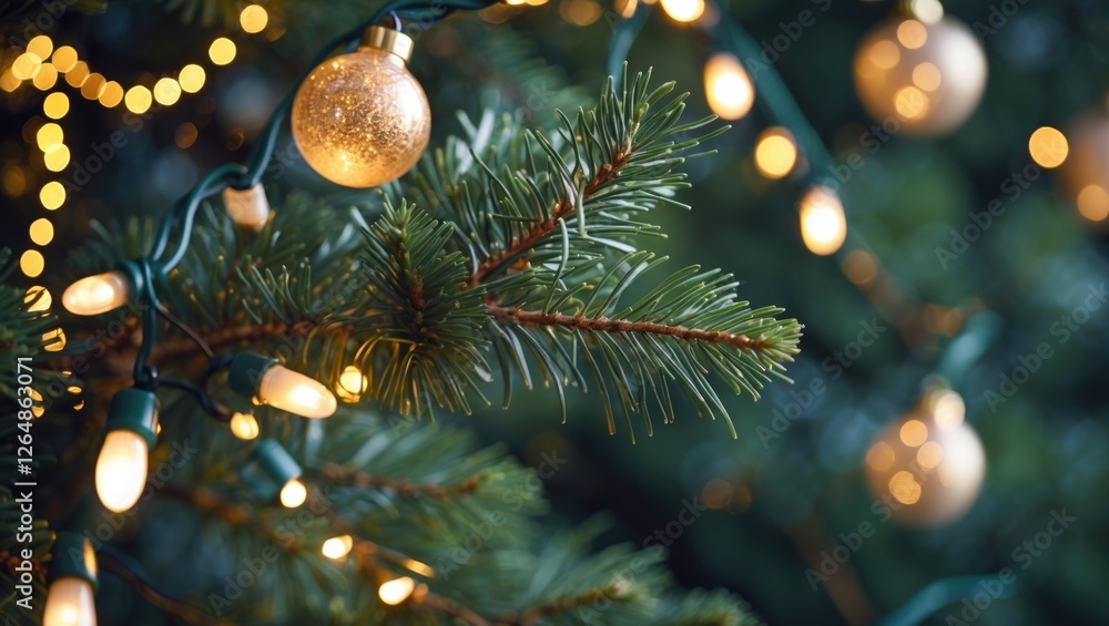 Poster close-up of christmas tree branches adorned with golden ornaments and warm white string lights with 