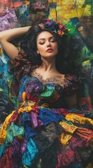 artistic vibrant portrait of woman in colorful dress, focus on bold style and creative expression