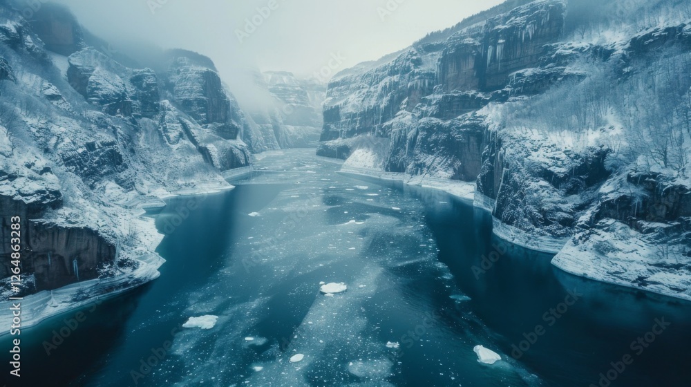 Poster a frozen river flows through a dramatic canyon, bordered by steep, snow covered cliffs. mist hangs i