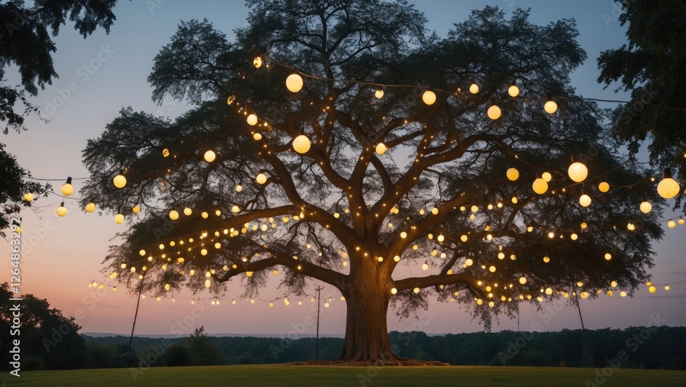 Poster illuminated tree adorned with string lights at dusk in a natural outdoor setting with colorful sky a